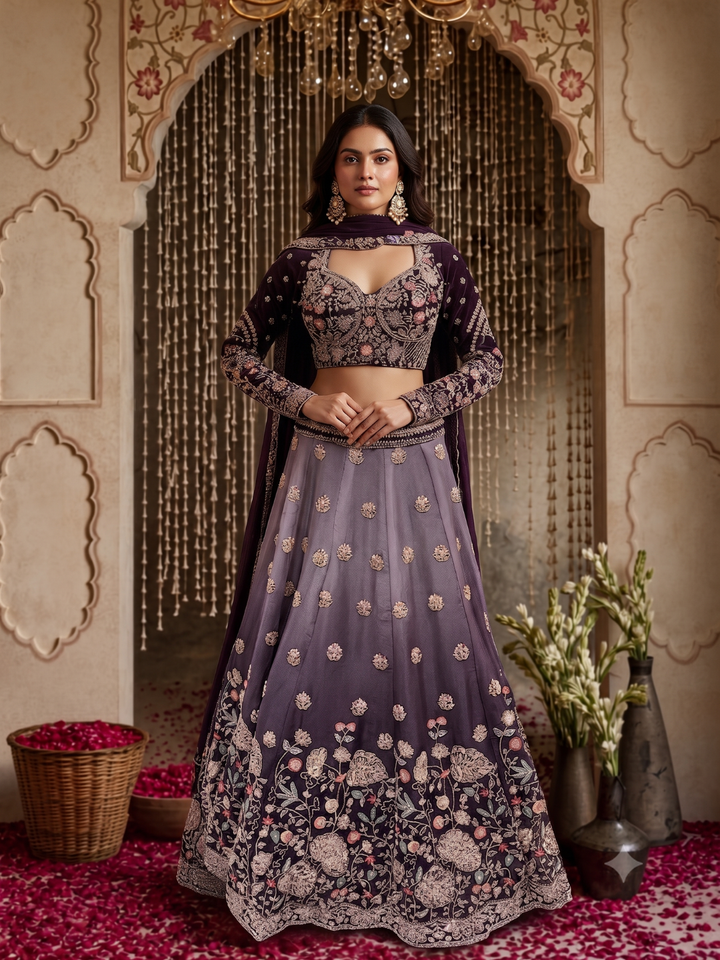 Embroidered Blouse with Ombre Lehenga Set in Wine Purple