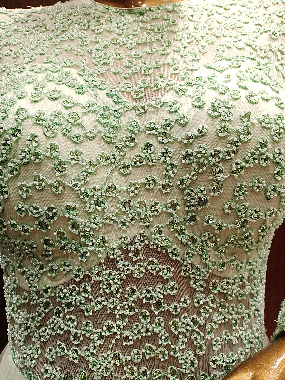 Pastel Green Flared Gown With Ruffled Hemline and Thread Embroidery