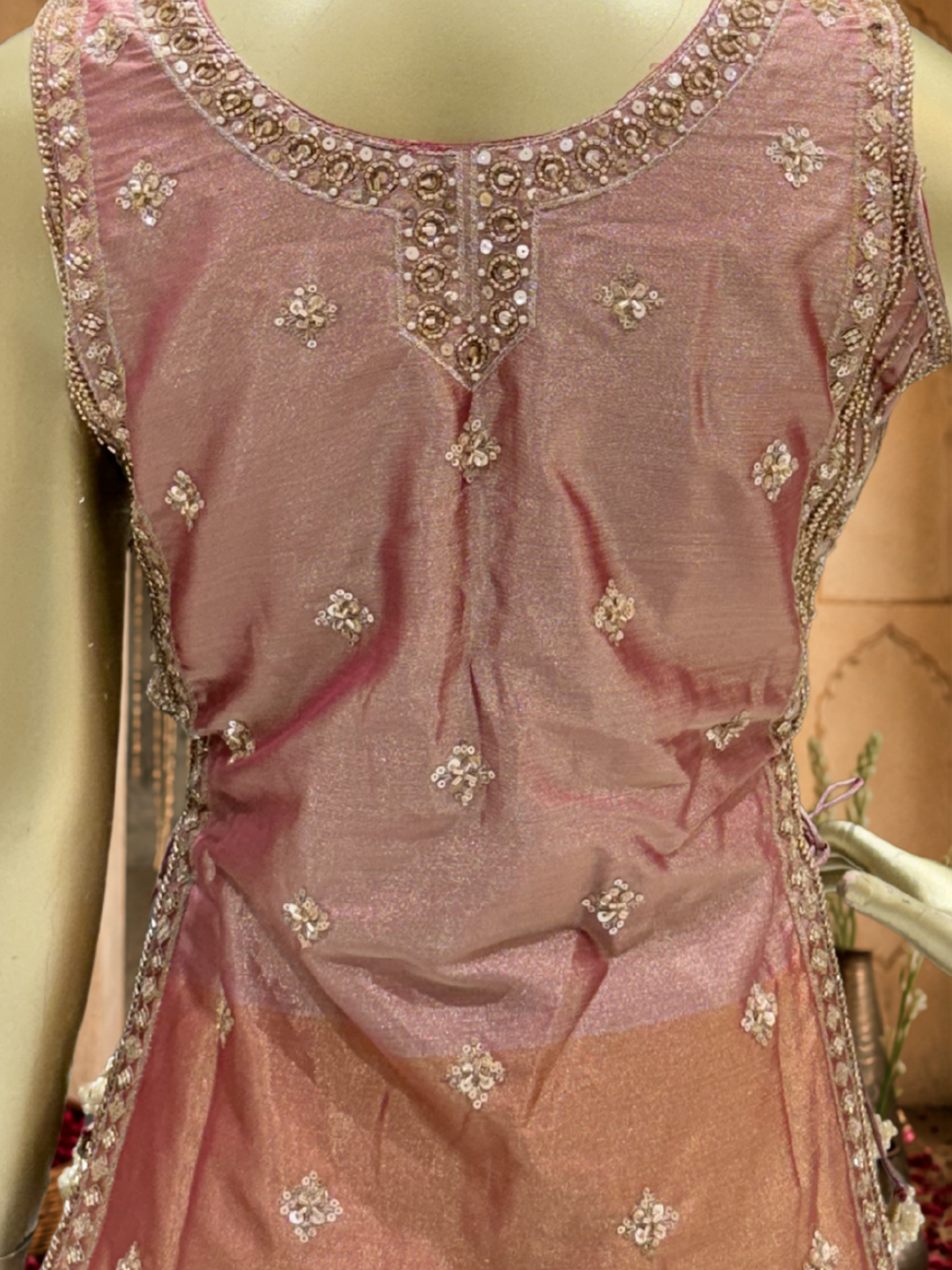 Organza Silk Zari & Bead Embroidered Sharara Set with Dupatta in Rose Pink