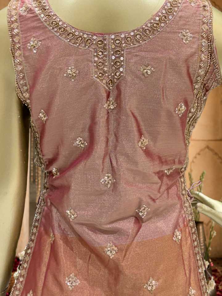 Organza Silk Zari & Bead Embroidered Sharara Set with Dupatta in Rose Pink