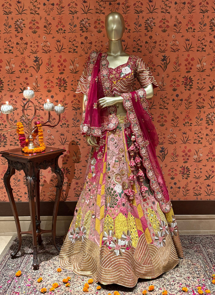 Silk Heavy Zari, Sequin & Mirror Embroidered Multi-Color Patchwork Bridal Lehenga