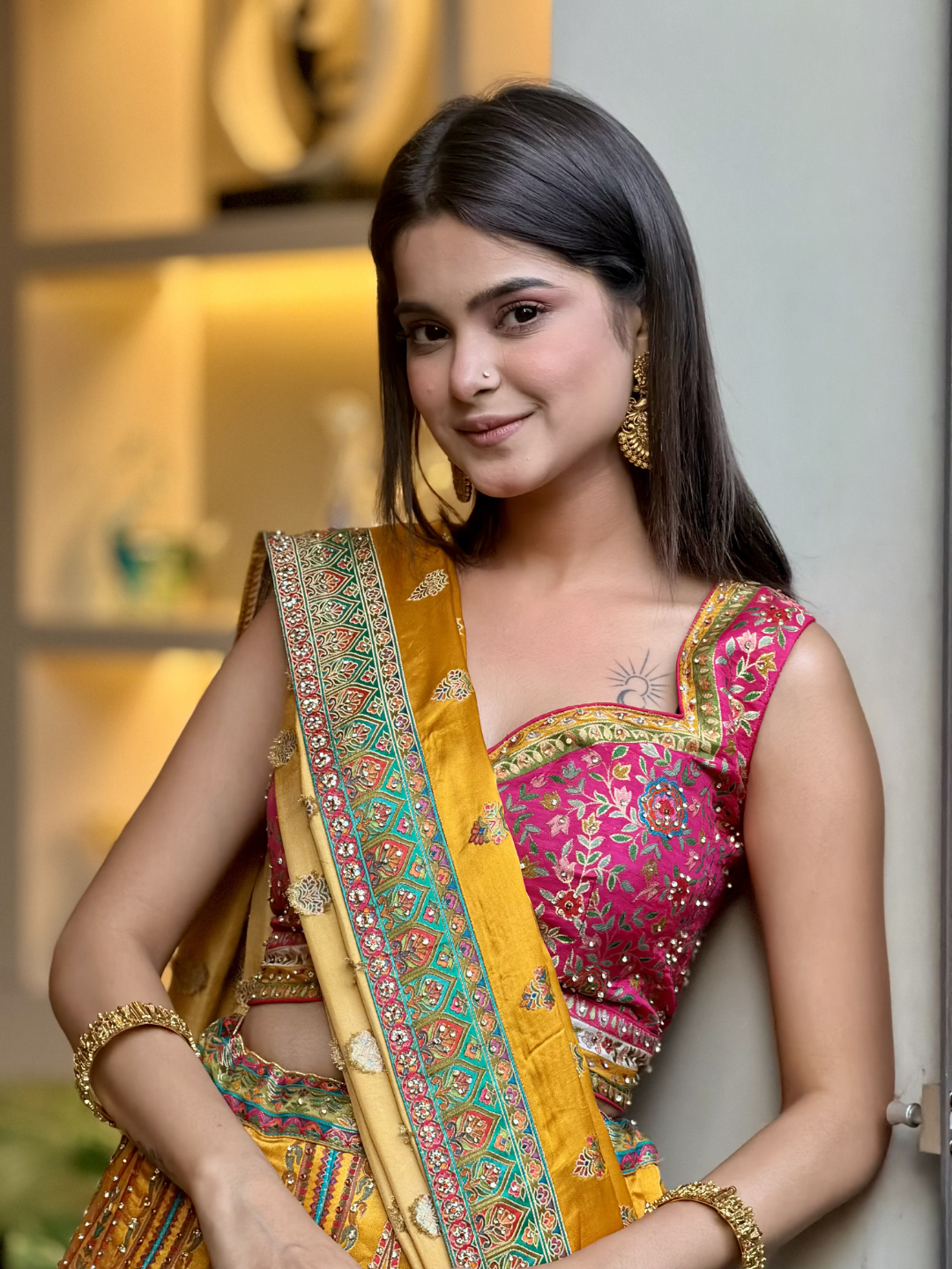 Banarasi Silk Meenakari Woven Lehenga Choli with Dupatta in Mustard & Pink