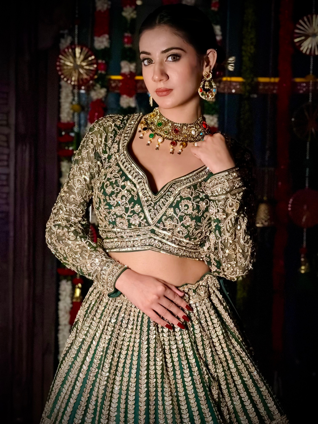 Silk  Embroidered Floral & Geometric Lehenga Choli with Net Dupatta in Bottle Green