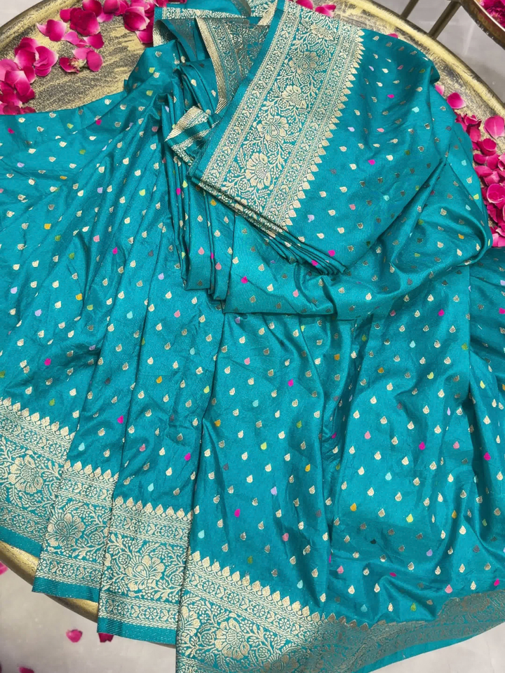 Teal Blue Banarasi Silk Woven Booti Saree with Multicolor Paisley Pallu