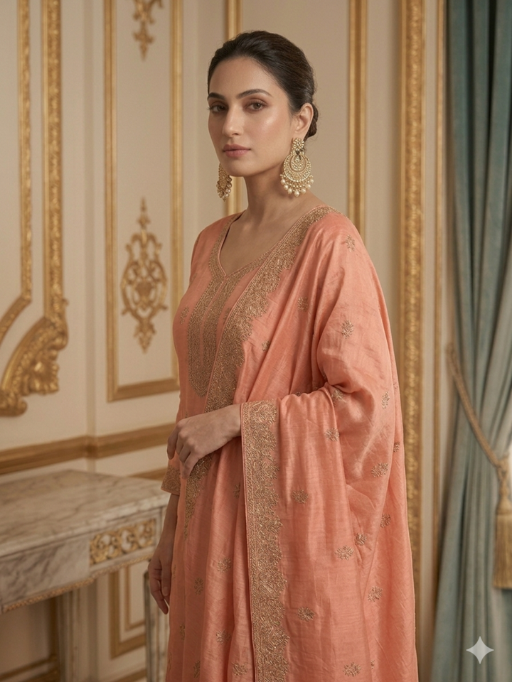 Zari Sequinned Embroidered Silk Kurta with Sharara and Dupatta with Floral Booti Pattern