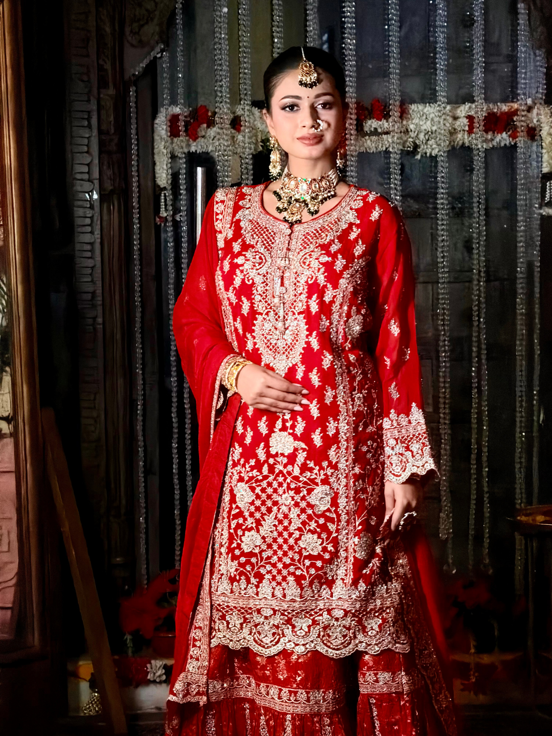 Silver Thread Embroidered Kurta with Sharara Set in Red