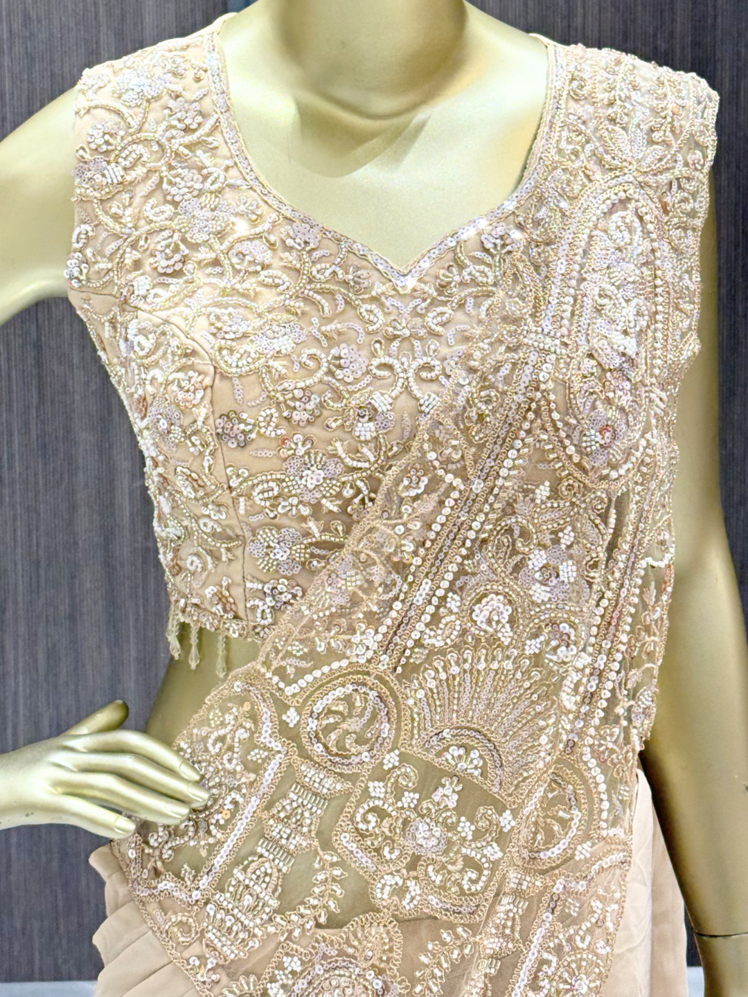 Georgette Sequin & Zari Embroidered Pre-Draped Saree Gown in Beige