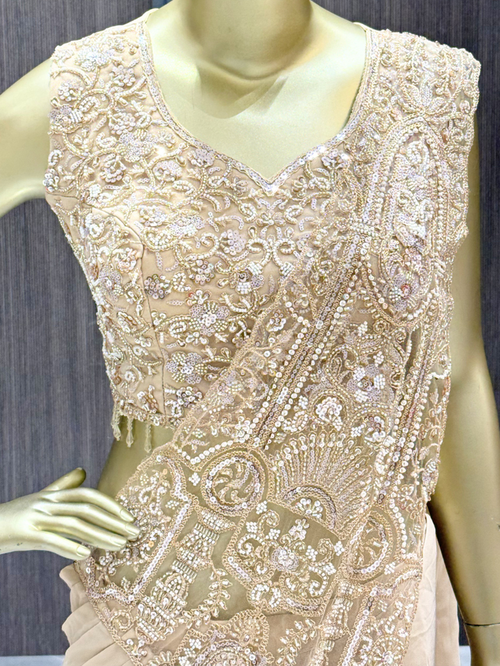 Georgette Sequin & Zari Embroidered Pre-Draped Saree Gown in Beige