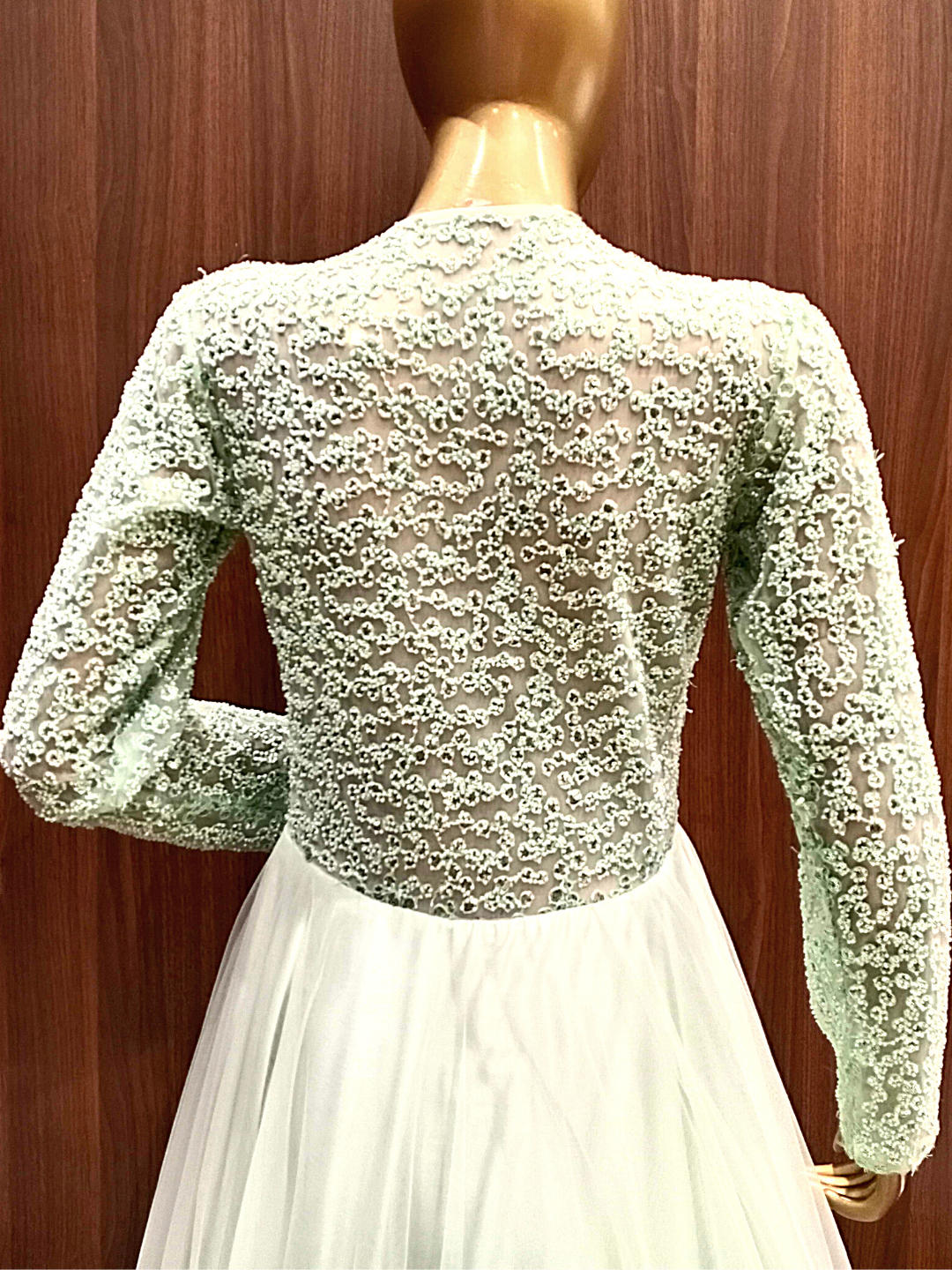 Pastel Green Flared Gown With Ruffled Hemline and Thread Embroidery