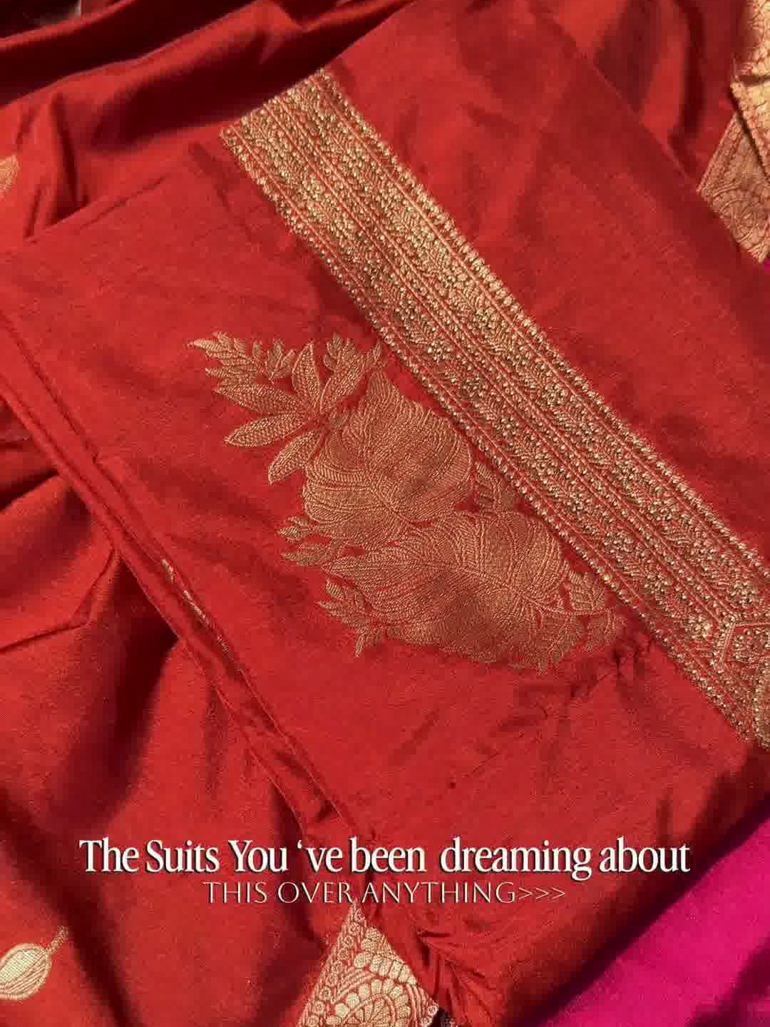 Red Banarasi Silk Dress Material with Zari Floral Motif and Dupatta
