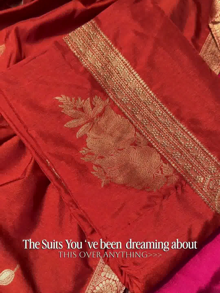 Red Banarasi Silk Dress Material with Zari Floral Motif and Dupatta
