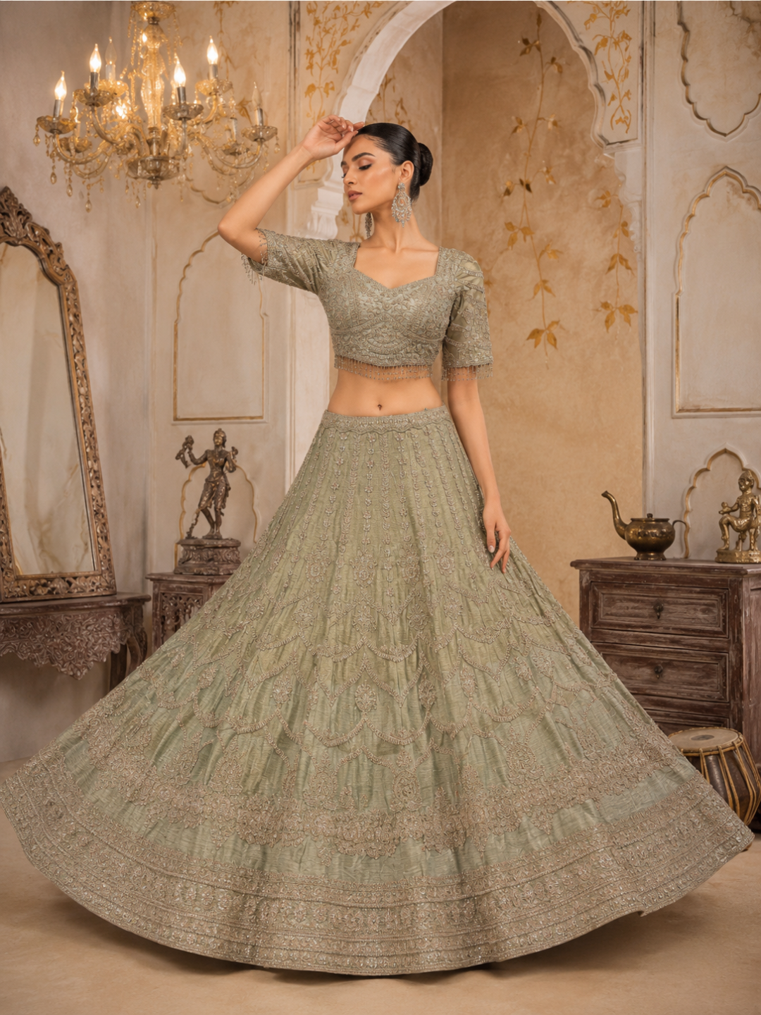 Sage Green Ombre Silk Bridal Lehenga Choli with Heavy Zari, Resham & Cutdana Floral Embroidery with Crystal Tassel Hem & Dupatta