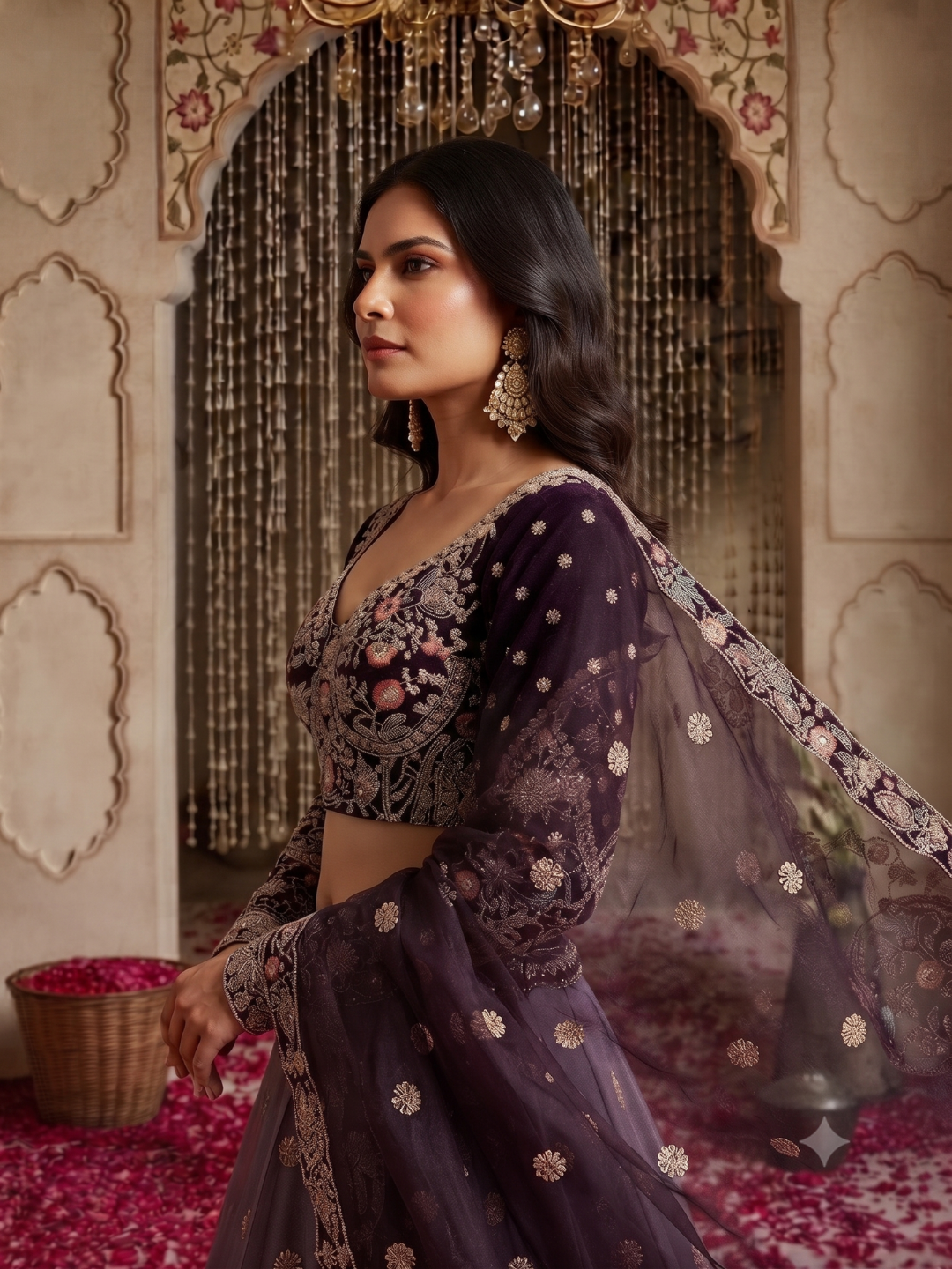 Embroidered Blouse with Ombre Lehenga Set in Wine Purple