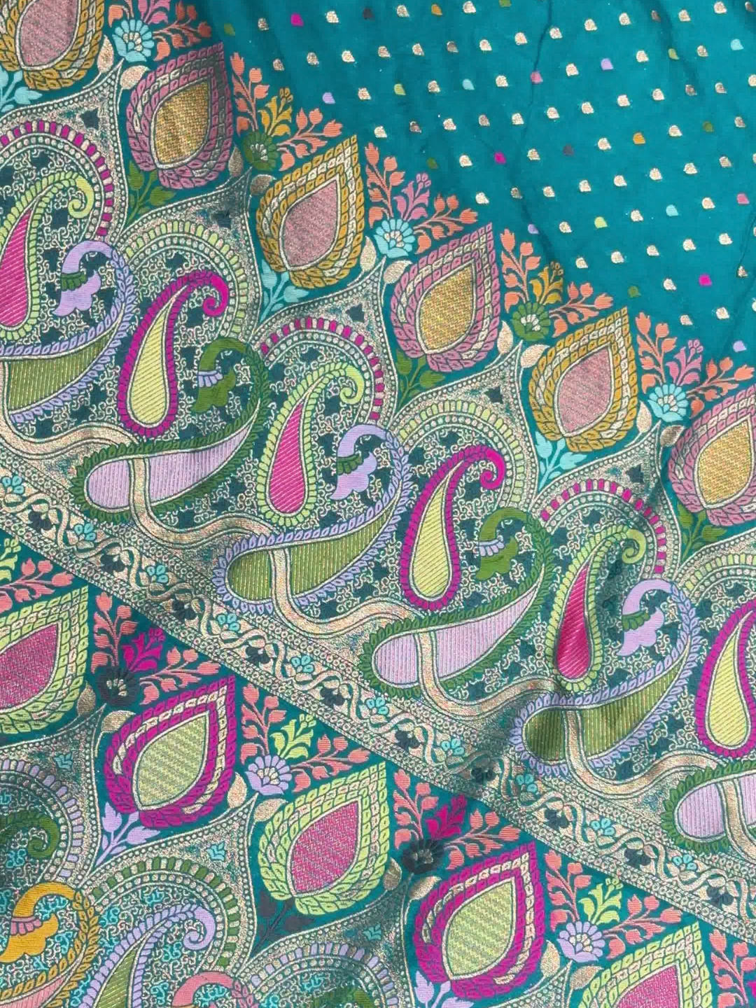 Teal Blue Banarasi Silk Woven Booti Saree with Multicolor Paisley Pallu