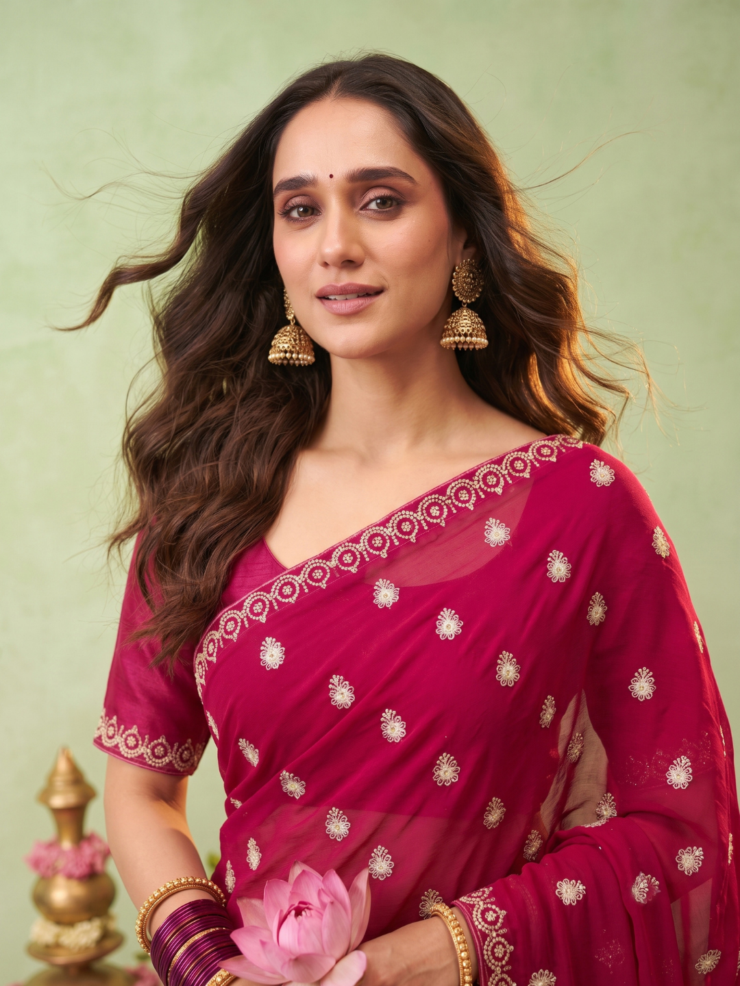 Georgette Saree with Zari Booti Embroidery & Geometric Lace Border