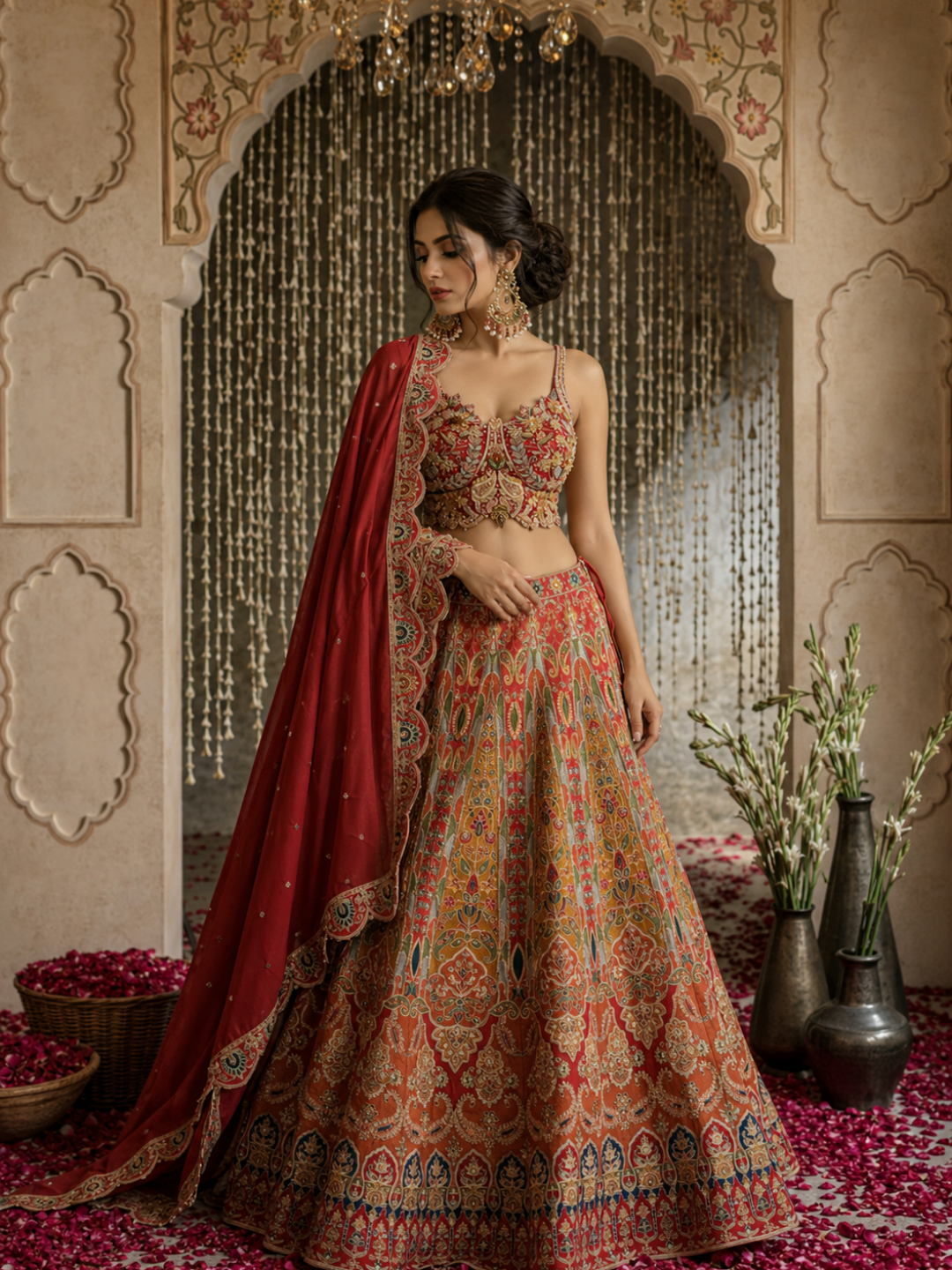 Banarasi Silk Meenakari Woven & Embroidered Bridal Lehenga Choli with Dupatta in Red & Multicolor