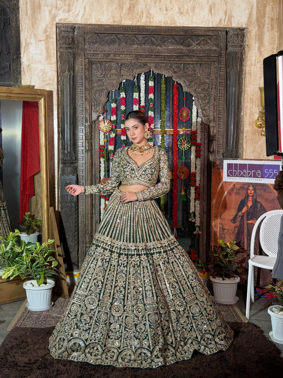 Silk  Embroidered Floral & Geometric Lehenga Choli with Net Dupatta in Bottle Green