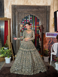 Silk  Embroidered Floral & Geometric Lehenga Choli with Net Dupatta in Bottle Green