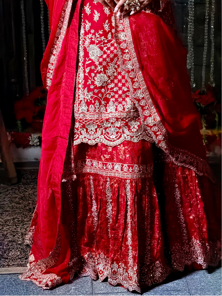 Silver Thread Embroidered Kurta with Sharara Set in Red