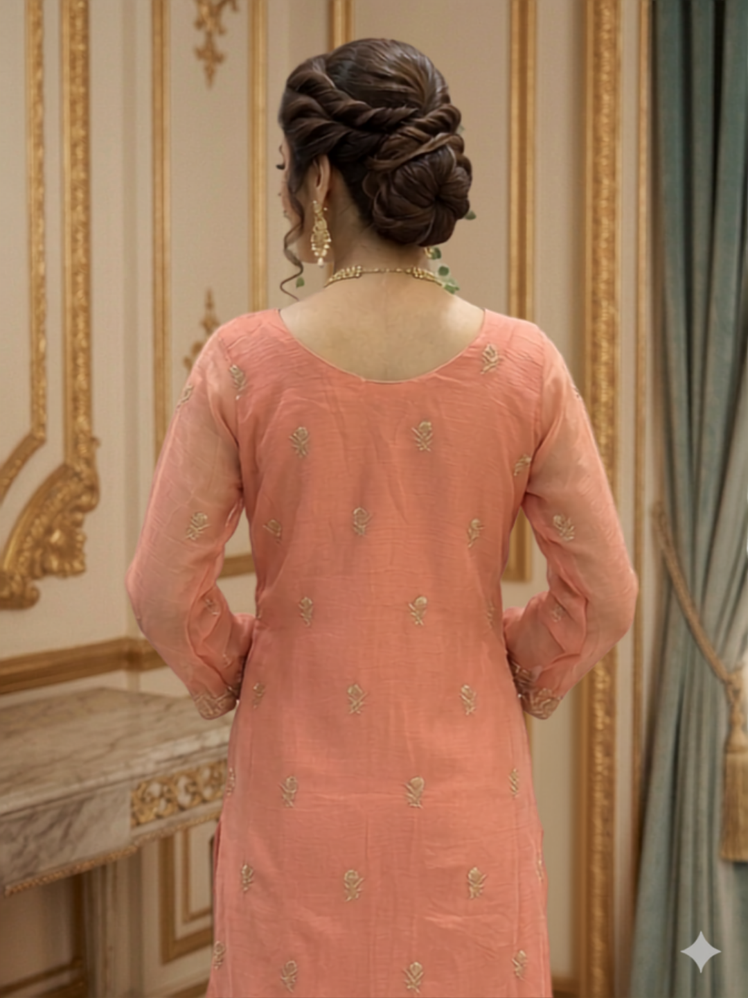 Zari Sequinned Embroidered Silk Kurta with Sharara and Dupatta with Floral Booti Pattern
