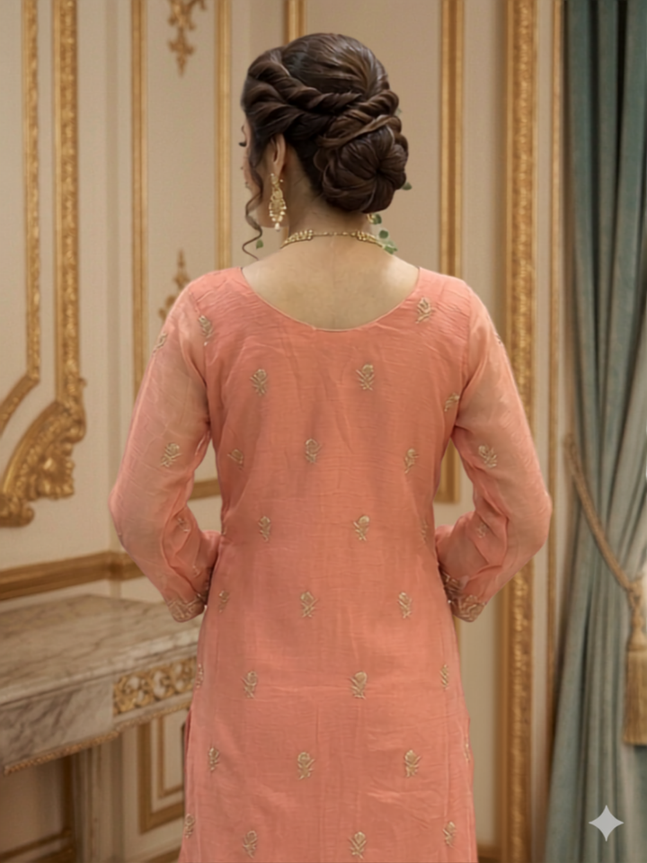 Zari Sequinned Embroidered Silk Kurta with Sharara and Dupatta with Floral Booti Pattern