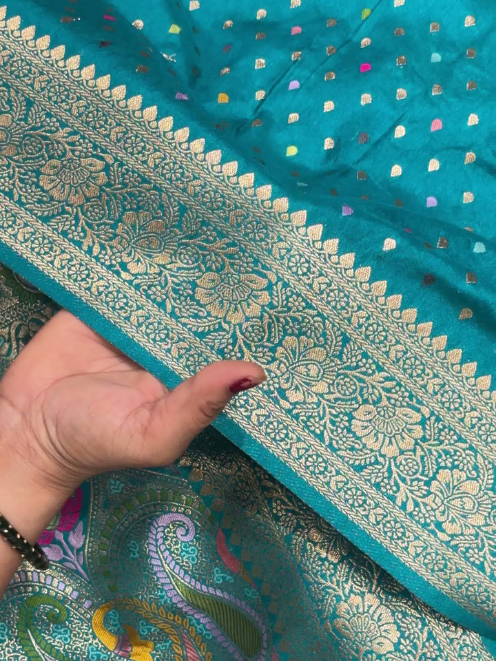 Teal Blue Banarasi Silk Woven Booti Saree with Multicolor Paisley Pallu