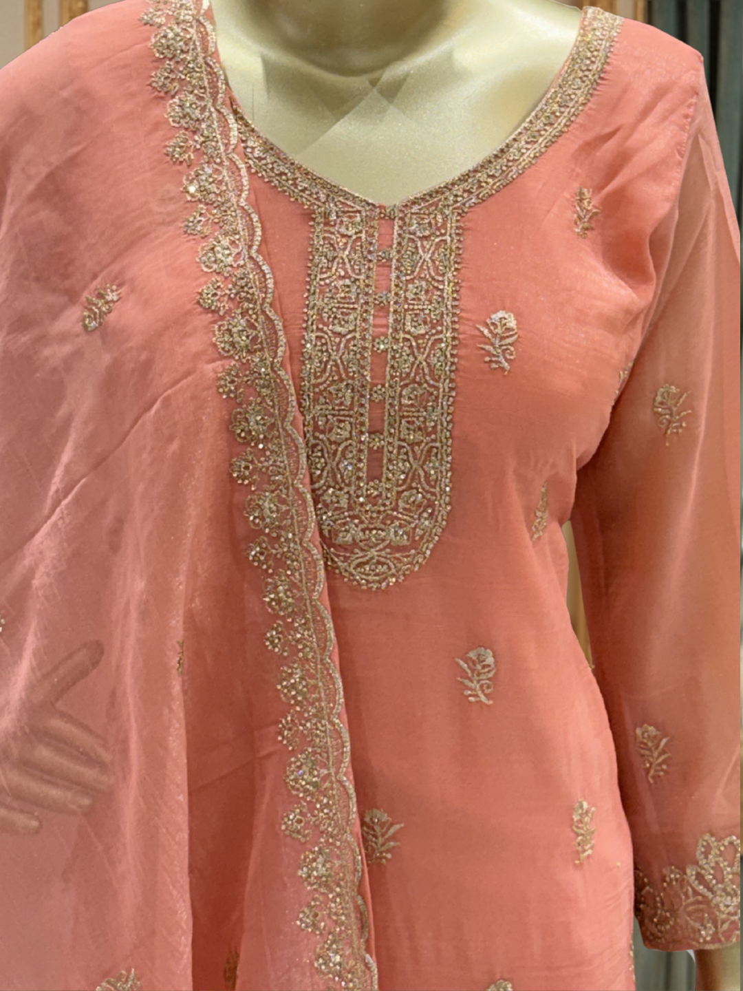 Zari Sequinned Embroidered Silk Kurta with Sharara and Dupatta with Floral Booti Pattern