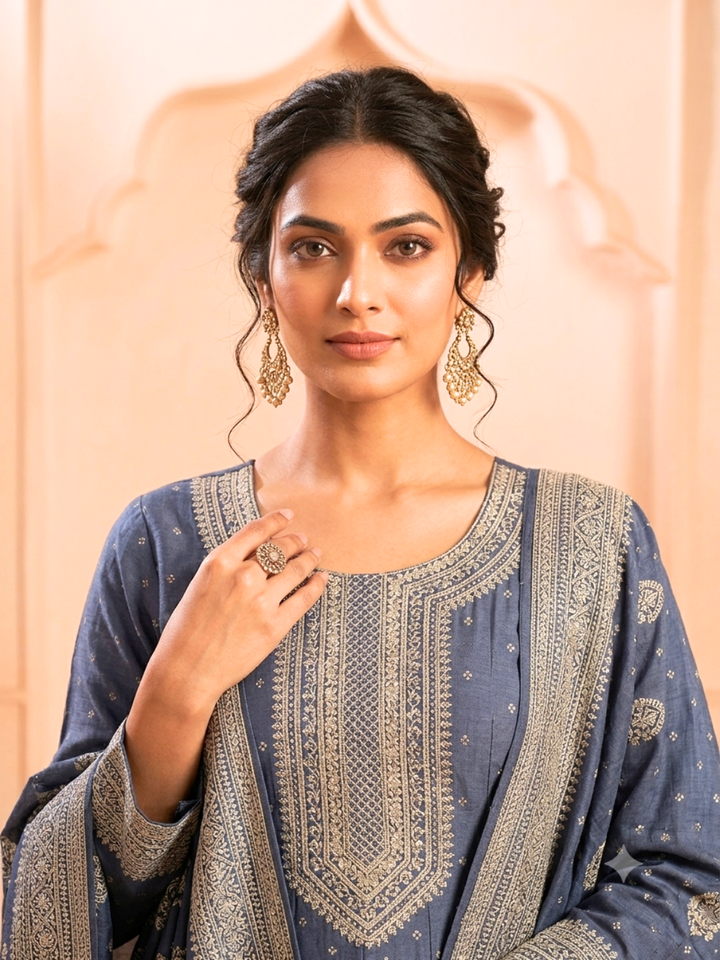 Silk Bandhani Zari Embroidered Anarkali with Banarasi Dupatta