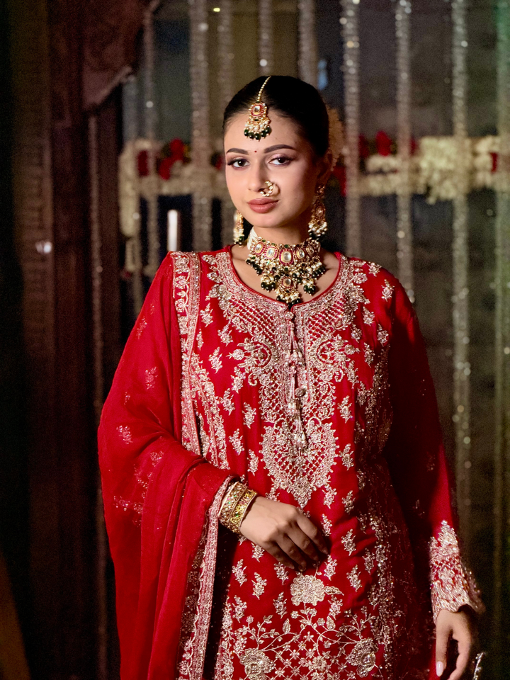 Silver Thread Embroidered Kurta with Sharara Set in Red