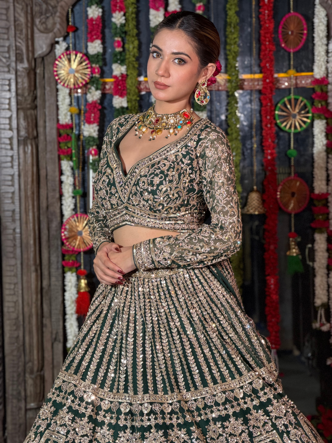 Silk  Embroidered Floral & Geometric Lehenga Choli with Net Dupatta in Bottle Green