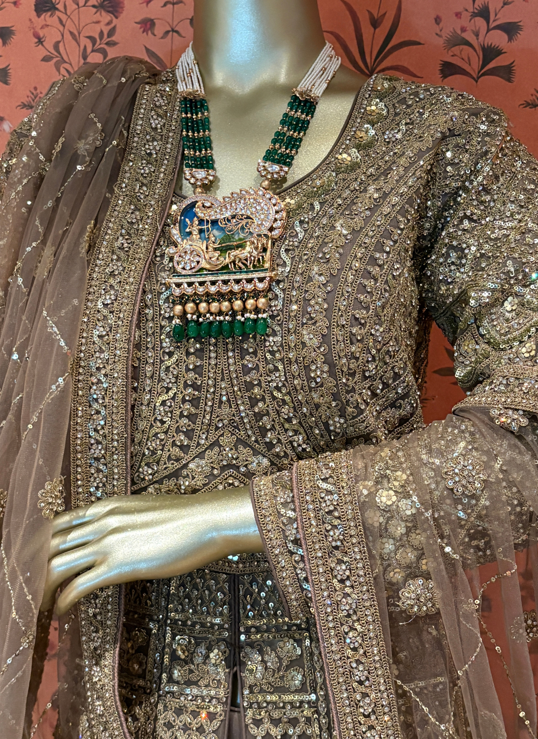 Net Heavy Zari & Sequin Embroidered Floral Gown with Net Dupatta