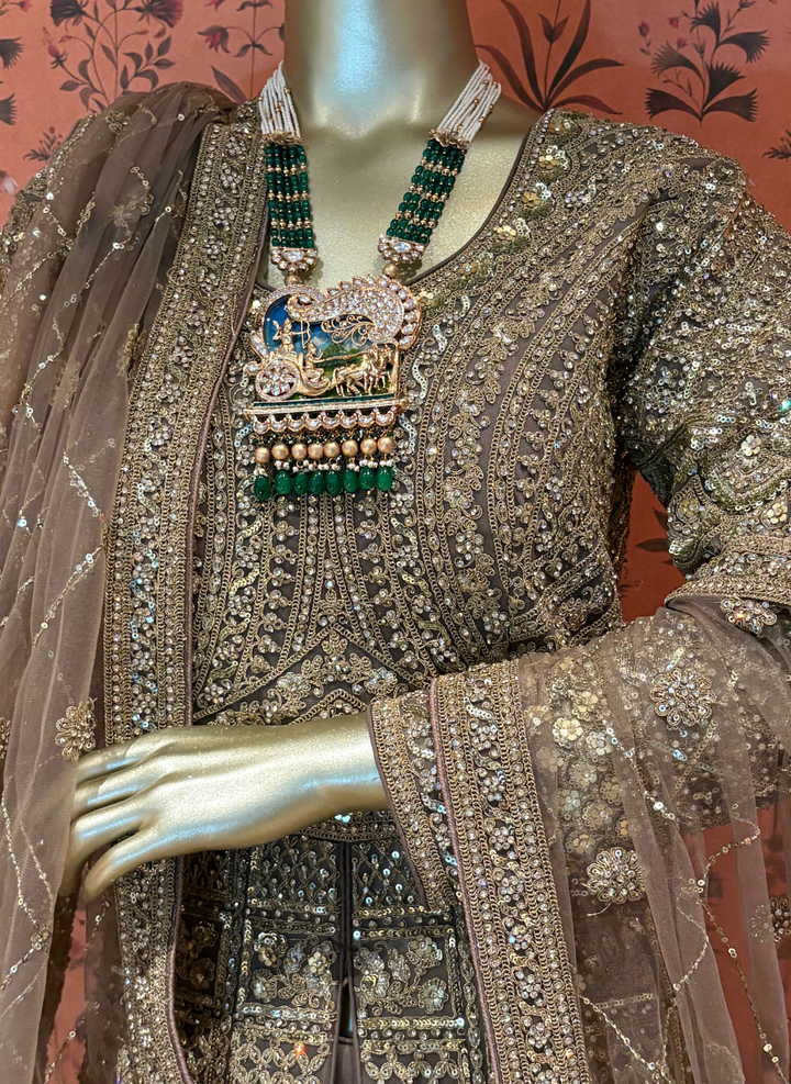 Net Heavy Zari & Sequin Embroidered Floral Gown with Net Dupatta