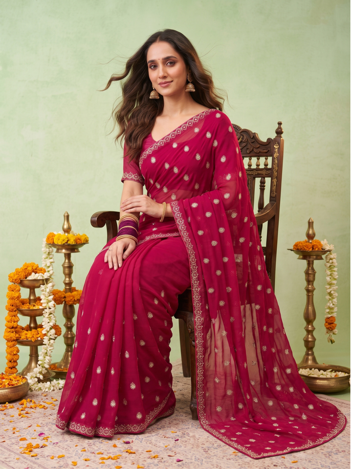 Georgette Saree with Zari Booti Embroidery & Geometric Lace Border
