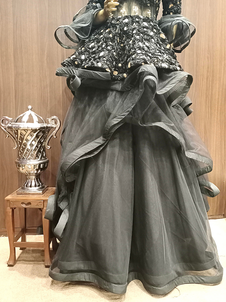 Grey Silk Ribbon Work Flared Gown With Ruffled Styled Bell Sleeves
