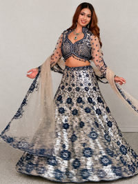 Sequin Floral Embroidered Lehenga Choli Set in Navy Blue Nude