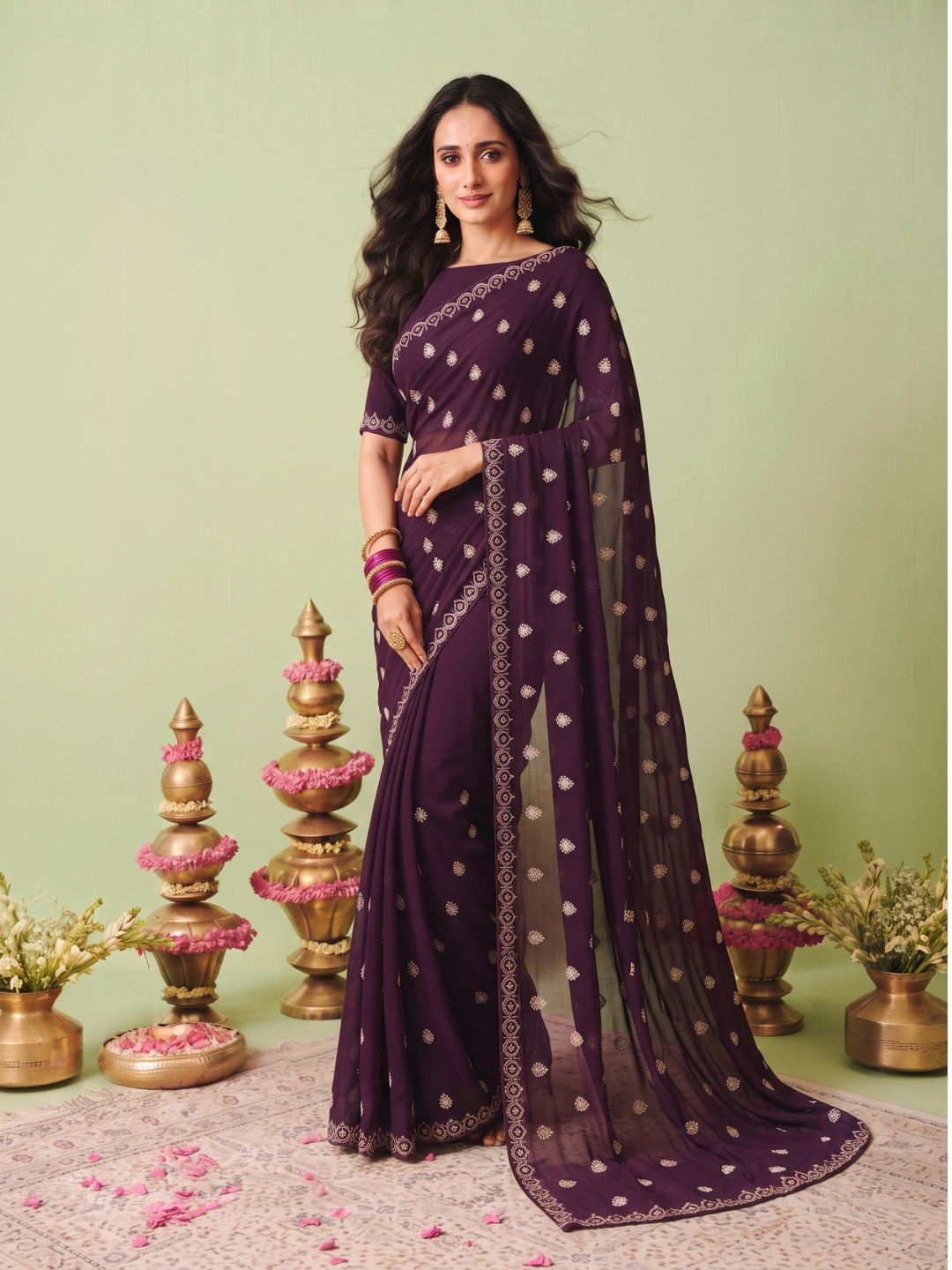 Georgette Saree with Zari Booti Embroidery & Geometric Lace Border