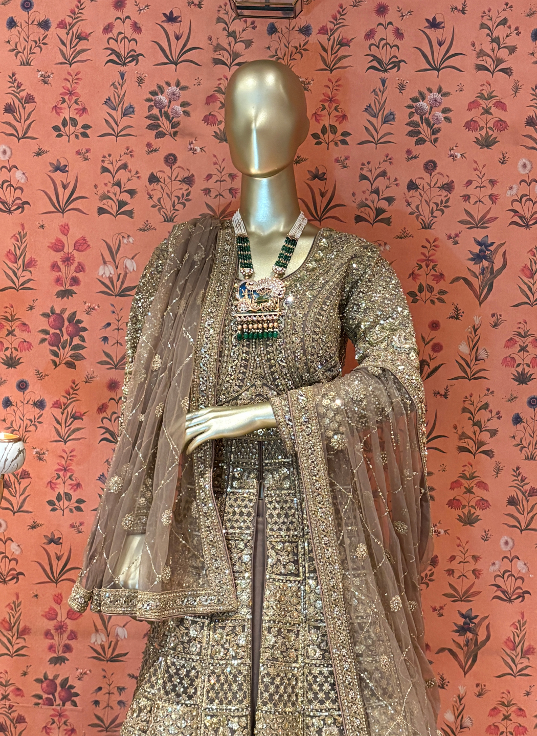 Net Heavy Zari & Sequin Embroidered Floral Gown with Net Dupatta