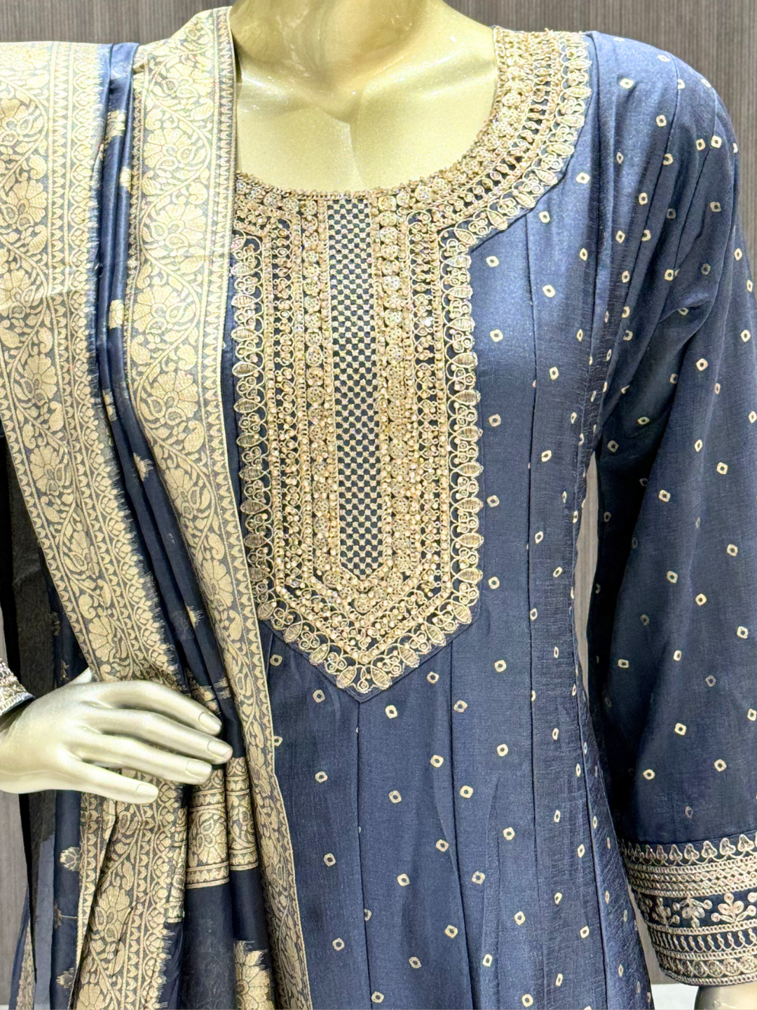 Silk Bandhani Zari Embroidered Anarkali with Banarasi Dupatta