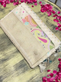 Ivory Banarasi Silk Woven Booti Saree with Multicolor Paisley Pallu