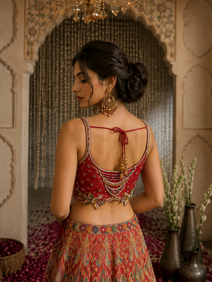 Banarasi Silk Meenakari Woven & Embroidered Bridal Lehenga Choli with Dupatta in Red & Multicolor