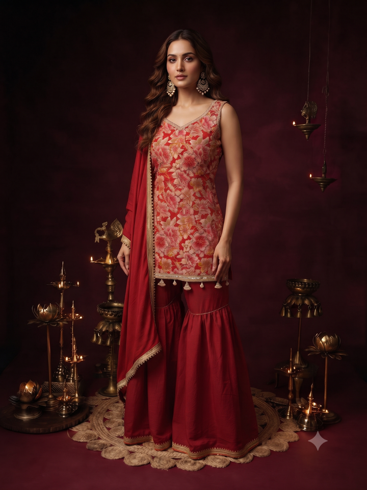Floral Brocade Sleeveless Kurta with Sharara Set Red