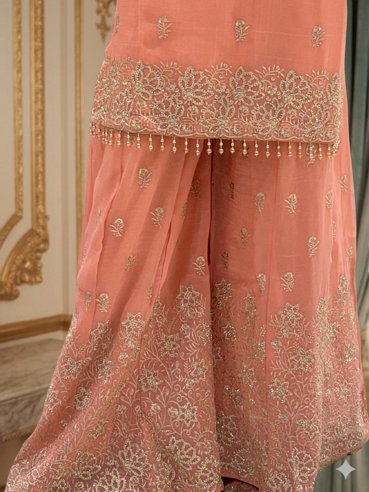 Zari Sequinned Embroidered Silk Kurta with Sharara and Dupatta with Floral Booti Pattern