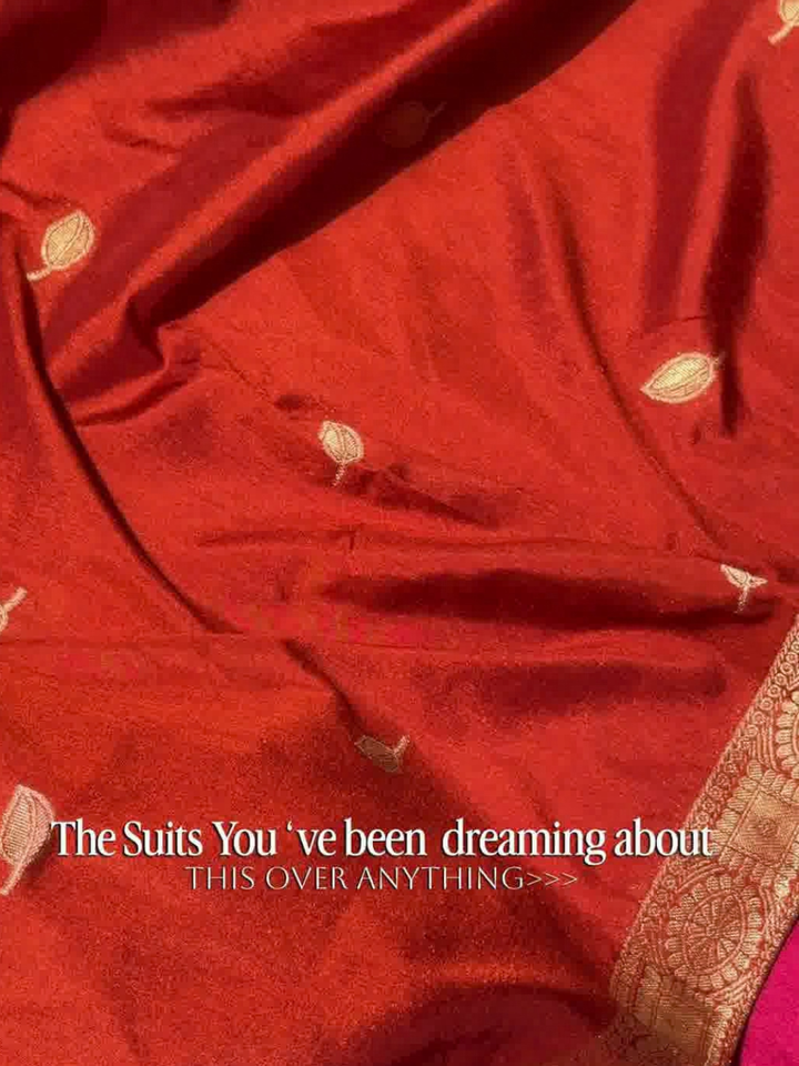 Red Banarasi Silk Dress Material with Zari Floral Motif and Dupatta