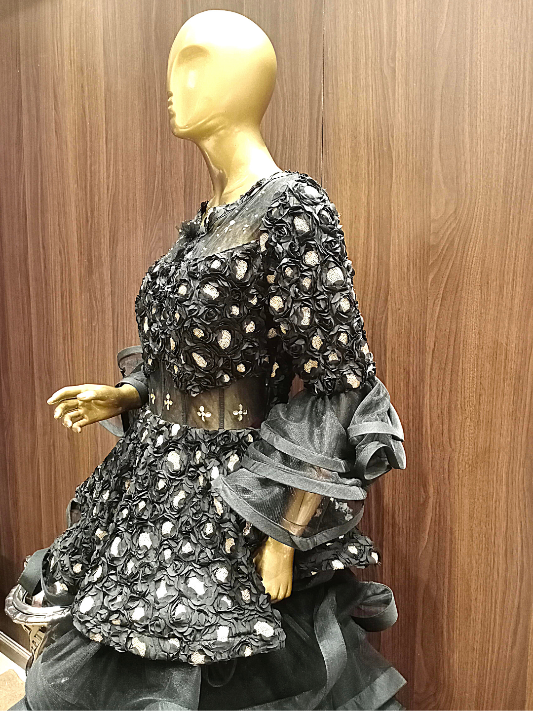 Grey Silk Ribbon Work Flared Gown With Ruffled Styled Bell Sleeves