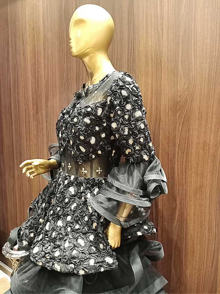 Grey Silk Ribbon Work Flared Gown With Ruffled Styled Bell Sleeves