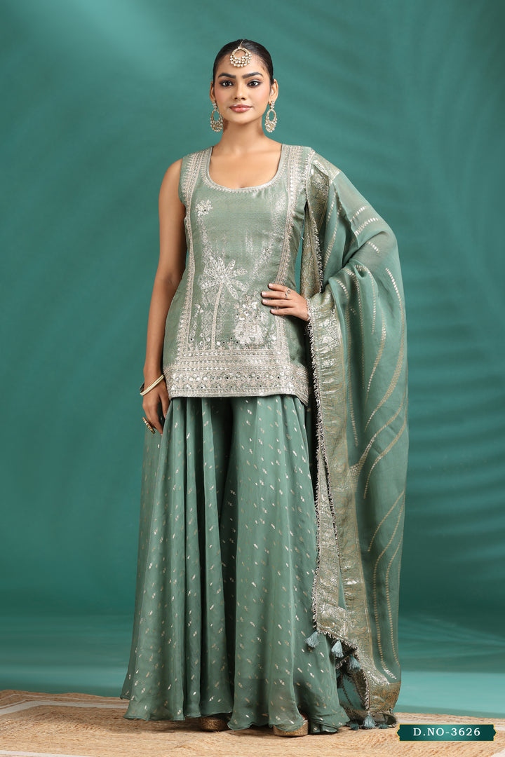Zari & Mirror Embroidered Sleeveless Kurta & Flared Pallazo Set with Leheriya Dupatta in Sage Green