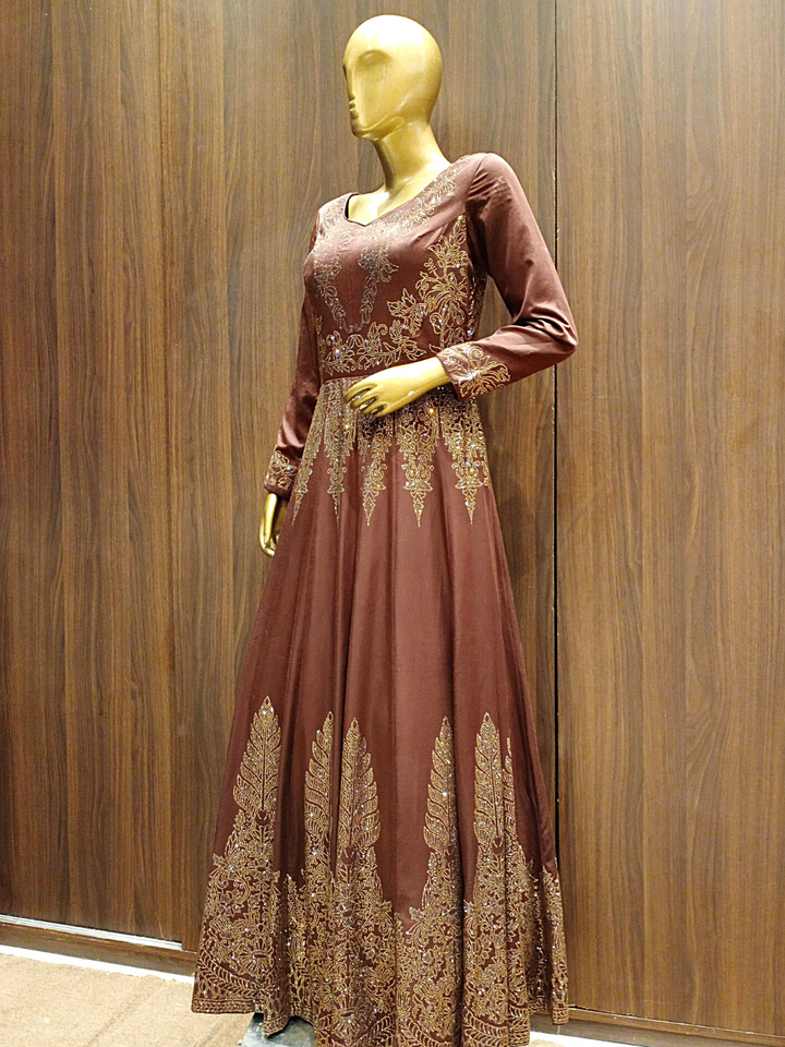 Metallic Brown Swarovski Crystal Embellished Gown with Ethnic Motifs