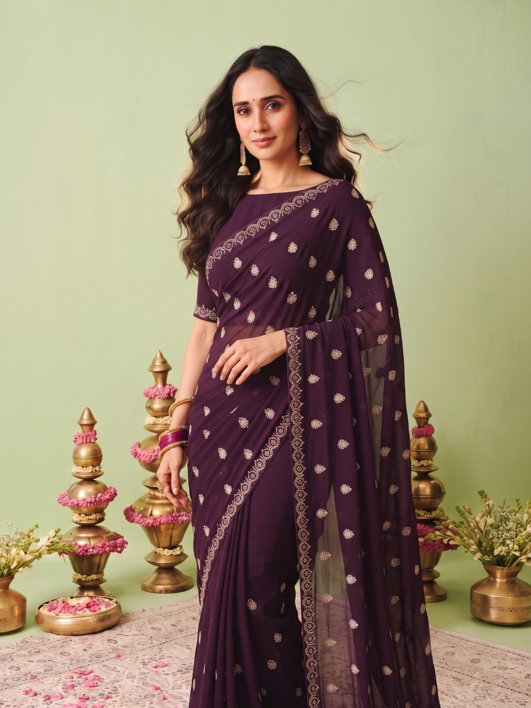 Georgette Saree with Zari Booti Embroidery & Geometric Lace Border