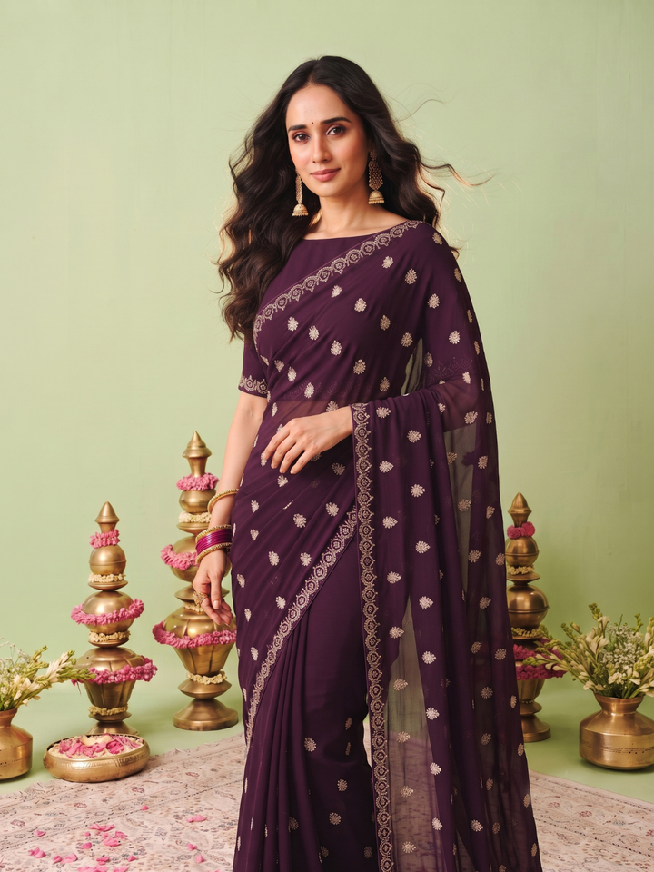 Georgette Saree with Zari Booti Embroidery & Geometric Lace Border