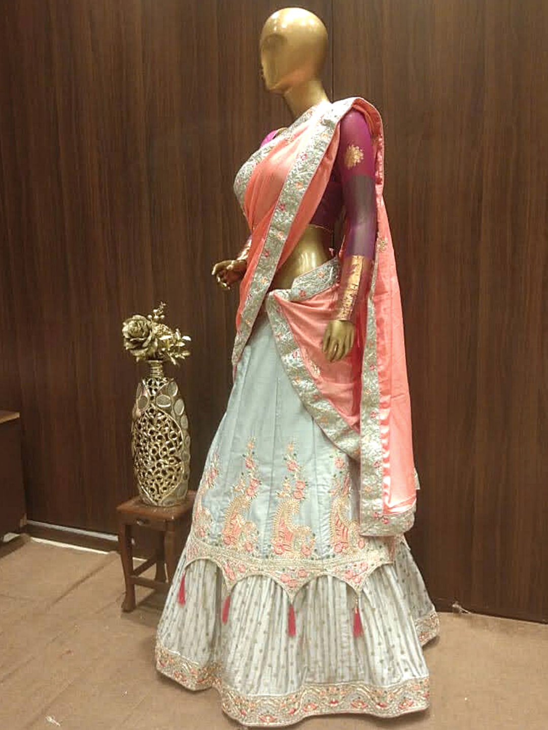 Aqua Blue Semi-Stitched Silk Lehenga Set with Contrast Crepe Dupatta With Resham Embroidery